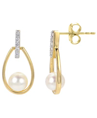 Macy's Cultured Freshwater Pearl (6-6.5mm) & Lab-created White Sapphire (0.13 Ct. T.w.) Drop Earrings In 14 In Gold