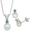 Macy's Cultured Freshwater Pearl (6mm-7mm) & Sapphire (1/2 Ct. T.w.) 18" Pendant Necklace & Stud Earrings S In Blue Topaz