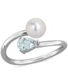 Macy's Cultured Freshwater Pearl (6mm) & Aquamarine (3/8 Ct. T.w.) Bypass Ring In Sterling Silver In Neutral