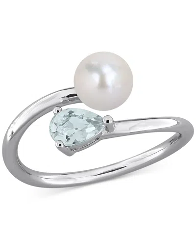 Macy's Cultured Freshwater Pearl (6mm) & Aquamarine (3/8 Ct. T.w.) Bypass Ring In Sterling Silver In Neutral
