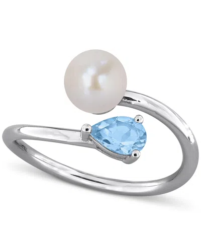 Macy's Cultured Freshwater Pearl (6mm) & Blue Topaz (3/8 Ct. T.w.) Bypass Ring In Sterling Silver