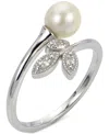 Macy's Cultured Freshwater Pearl (6mm) & Lab-created White Sapphire (1/20 Ct. T.w.) Bypass Ring In Sterling In Sterling Silver