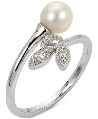 Macy's Cultured Freshwater Pearl (6mm) & Lab-created White Sapphire (1/20 Ct. T.w.) Bypass Ring In Sterling In Sterling Silver