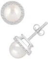 Macy's Cultured Freshwater Pearl (6mm) & Lab-created White Sapphire (1/5 Ct. T.w.) Halo Stud Earrings In 10 In Pearl