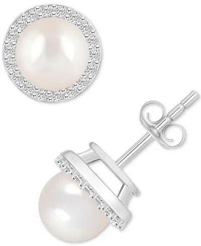 MACY'S CULTURED FRESHWATER PEARL (6MM) & LAB-CREATED WHITE SAPPHIRE (1/5 CT. T.W.) HALO STUD EARRINGS IN 10