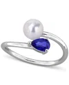 Macy's Cultured Freshwater Pearl (6mm) & Lab Grown Blue Sapphire (5/8 Ct. T.w.) Bypass Ring In Sterling Sil In Multi
