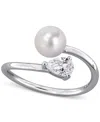 Macy's Cultured Freshwater Pearl (6mm) & Lab Grown White Sapphire (5/8 Ct. T.w.) Bypass Ring In Sterling Si In Silver