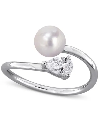 Macy's Cultured Freshwater Pearl (6mm) & Lab Grown White Sapphire (5/8 Ct. T.w.) Bypass Ring In Sterling Si In Silver