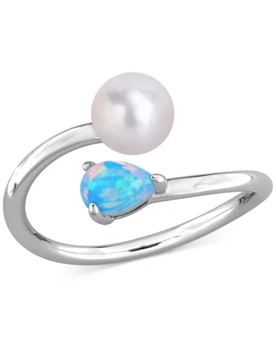 Macy's Cultured Freshwater Pearl (6mm) & Opal (3/8 Ct. T.w.) Bypass Ring In Sterling Silver In Multi