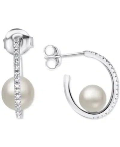Macy's Cultured Freshwater Pearl (6mm) & White Zircon (1/4 Ct. T.w.) Hoop Earrings In Sterling Silver