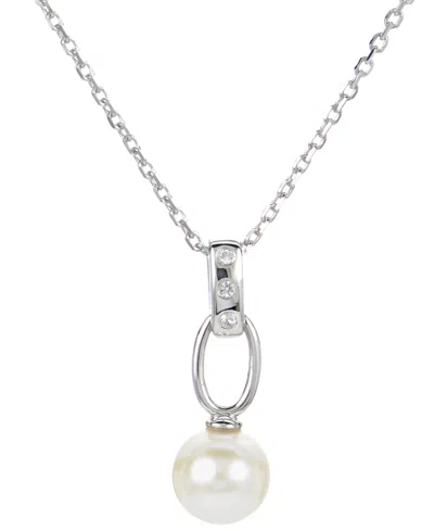 Macy's Cultured Freshwater Pearl (7-1/2mm) & Lab-created White Sapphire Accent 18" Pendant Necklace In Ster In Sterling Silver