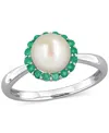 Macy's Cultured Freshwater Pearl (7-7.5mm) & Emerald (1/3 Ct. T.w.) Ring In Sterling Silver In Silver