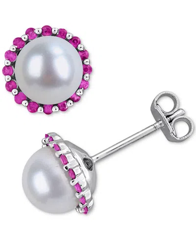 Macy's Cultured Freshwater Pearl (7-7.5mm) & Ruby (3/8 Ct. T.w.) Stud Earrings In Sterling Silver In Metallic
