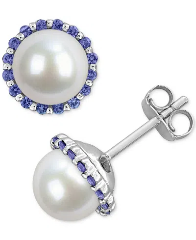 Macy's Cultured Freshwater Pearl (7-7.5mm) & Sapphire (3/8 Ct. T.w.) Stud Earrings In Sterling Silver In Metallic