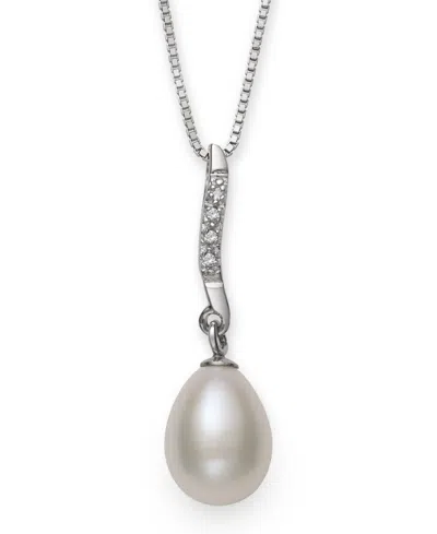 Macy's Cultured Freshwater Pearl (7-8 Mm) And Diamond Accent Swirl Pendant In Sterling Silver