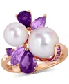 Macy's Cultured Freshwater Pearl (7-8.5mm), Amethyst (1-1/8 Ct. T.w.) & Rose De France (5/8 Ct. T.w.) Ring  In Purple