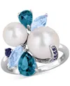 Macy's Cultured Freshwater Pearl (7-8.5mm), Blue Topaz (1/5 Ct. T.w.) & Sapphire (1/5 Ct. T.w.) Ring In Ste In Multi