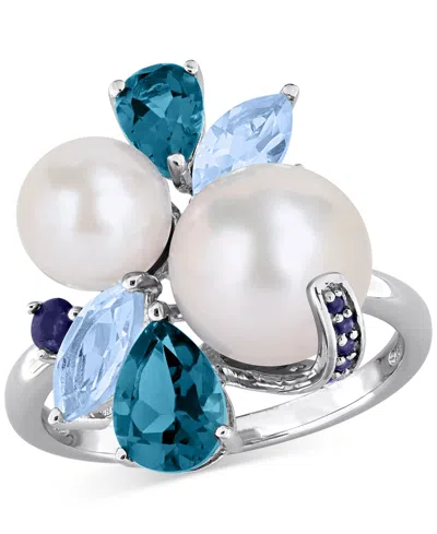 Macy's Cultured Freshwater Pearl (7-8.5mm), Blue Topaz (1/5 Ct. T.w.) & Sapphire (1/5 Ct. T.w.) Ring In Ste In Multi