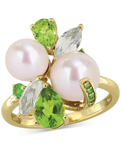 Macy's Cultured Freshwater Pearl (7-8.5mm) Multi-gemstone (1-3/4 Ct. T.w.) Ring In 18k Gold-plated Sterling