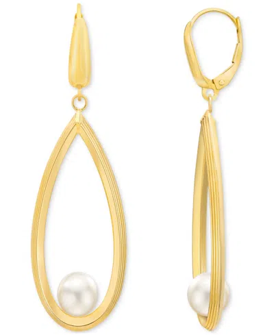 Macy's Cultured Freshwater Pearl (7-8mm) Open Teardrop Drop Leverback Earrings In 14k Gold In Yellow Gold