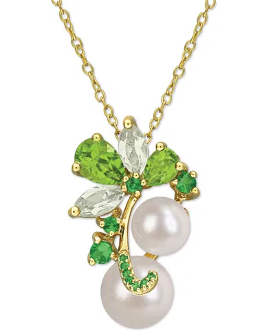 Macy's Cultured Freshwater Pearl (7 & -1/2) & Multi-gemstone Cluster 18" Pendant Necklace In 18k Gold Flash