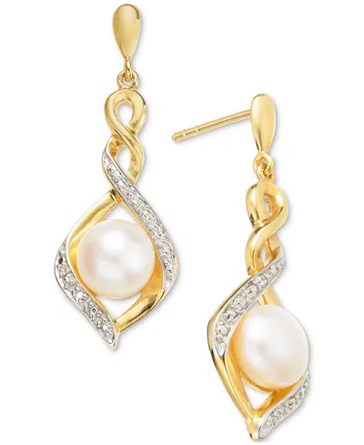 Macy's Cultured Freshwater Pearl (7 Mm) & Cubic Zirconia Twist Drop Earrings In 14k Two-tone Gold-plated St In Gold Over Sterling Silver