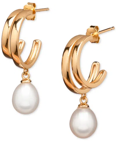 Macy's Cultured Freshwater Pearl (7 X 9mm) Double Hoop Drop Earrings In 18k Gold Over Sterling Silver, Crea In Gold Over Silver