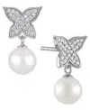 Macy's Cultured Freshwater Pearl (7.5-8mm) And Cubic Zirconia Butterfly Earrings In Sterling Silver In Metallic