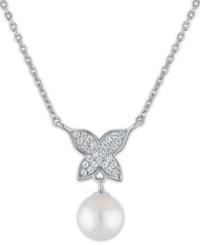 Macy's Cultured Freshwater Pearl (7.5-8mm) And Cubic Zirconia Butterfly Necklace In Sterling Silver In Metallic