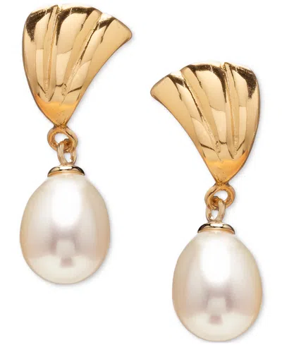 Macy's Cultured Freshwater Pearl (7.5-9.5mm) Ridged Fan Drop Earrings In 18k Gold Over Sterling Silver, Cre In Gold Over Silver
