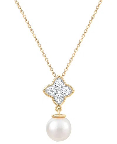 Macy's Cultured Freshwater Pearl (7.5mm) & Lab-grown Sapphire (1/5 Ct. T.w.) Necklace In 14k Yellow Gold-pl