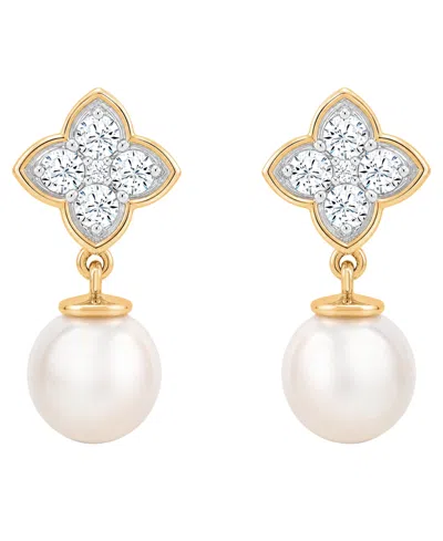 Macy's Cultured Freshwater Pearl (7.5mm) & Lab-grown Sapphire(3/4 Ct. T.w.) Drop Earrings In 14k Yellow Gol In Gold