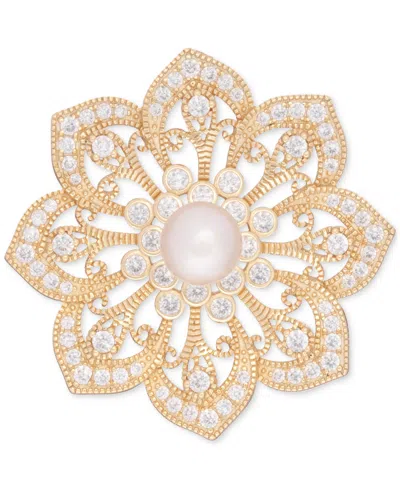 Macy's Cultured Freshwater Pearl (7mm) & Cubic Zirconia Filigree Flower Pin In 18k Gold-plated Sterling Sil
