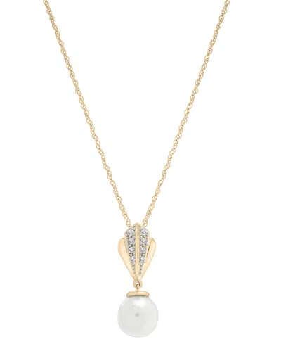 Macy's Cultured Freshwater Pearl (7mm) & Diamond (1/20 Ct. T.w.) 18" Pendant Necklace In 10k Gold In Yellow