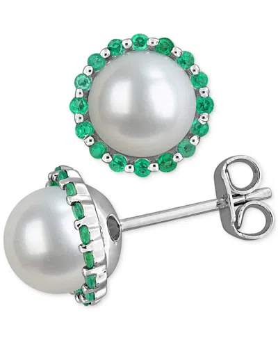 Macy's Cultured Freshwater Pearl (7mm) & Emerald (3/8 Ct. T.w.) Halo Stud Earrings In Sterling Silver In Metallic