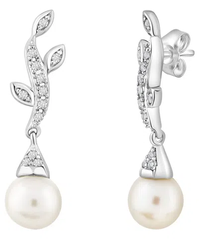 Macy's Cultured Freshwater Pearl (7mm) & Lab Grown White Sapphire (5 Ct. T.w.) Drop Earrings In Sterling Si In Metallic
