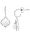 Macy's Cultured Freshwater Pearl (7mm) & Lab Grown White Sapphire (7/8 Ct. T.w.) Drop Earrings In Sterling 