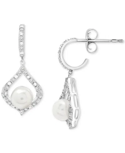 Macy's Cultured Freshwater Pearl (7mm) & Lab Grown White Sapphire (7/8 Ct. T.w.) Drop Earrings In Sterling 
