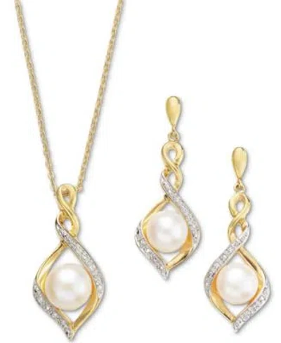 Macy's Cultured Freshwater Pearl 7mm Cubic Zirconia Infinity Twist Pendant Necklace Matching Stud Earrings  In Gold Over Sterling Silver