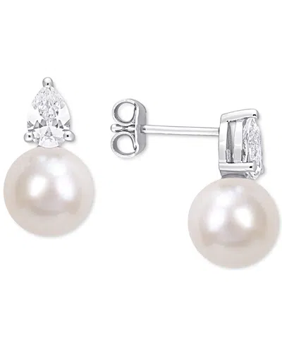 Macy's Cultured Freshwater Pearl (8-1/2mm) And Birthstone Stud Earrings In 18k Gold-plated Sterling Silver, In April,white Sapphire