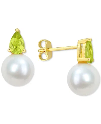 Macy's Cultured Freshwater Pearl (8-1/2mm) And Birthstone Stud Earrings In 18k Gold-plated Sterling Silver, In August,peridot