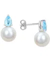 Macy's Cultured Freshwater Pearl (8-1/2mm) And Birthstone Stud Earrings In 18k Gold-plated Sterling Silver, In December,blue Topaz