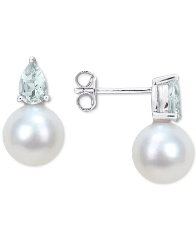 Macy's Cultured Freshwater Pearl (8-1/2mm) And Birthstone Stud Earrings In 18k Gold-plated Sterling Silver, In March,aquamarine