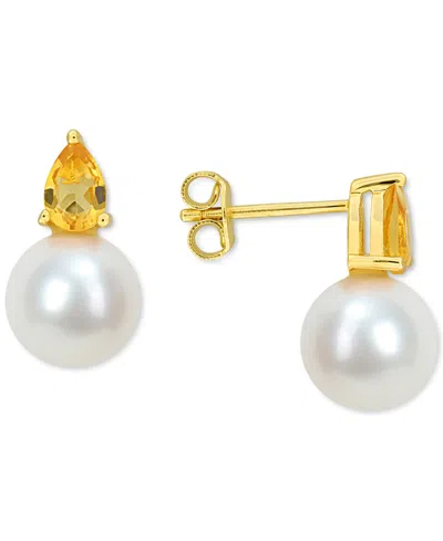 Macy's Cultured Freshwater Pearl (8-1/2mm) And Birthstone Stud Earrings In 18k Gold-plated Sterling Silver, In November,citrine