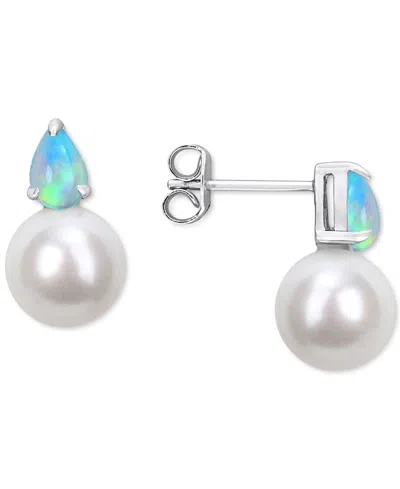Macy's Cultured Freshwater Pearl (8-1/2mm) And Birthstone Stud Earrings In 18k Gold-plated Sterling Silver, In October,opal