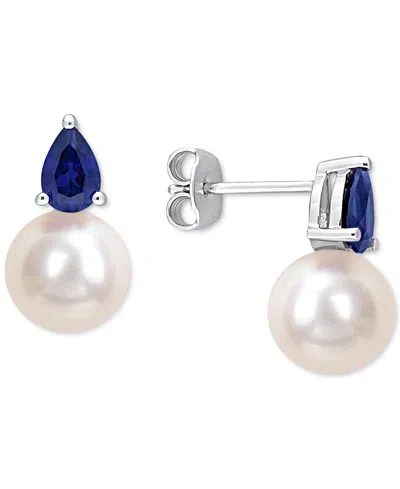 Macy's Cultured Freshwater Pearl (8-1/2mm) And Birthstone Stud Earrings In 18k Gold-plated Sterling Silver, In September,sapphire