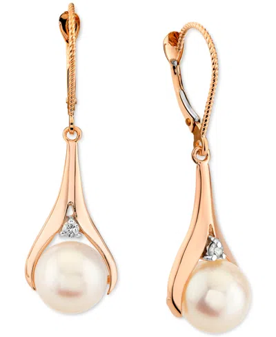 Macy's Cultured Freshwater Pearl (8-1/2mm) & Diamond Accent Leverback Drop Earrings In 14k Rose Gold In White