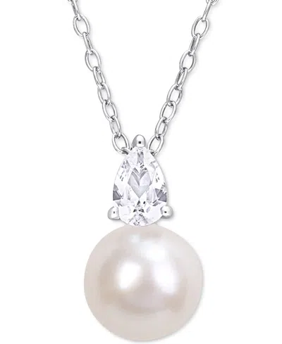 Macy's Cultured Freshwater Pearl (8-1/2mm) Birthstone 18" Pendant Necklace In 18k Gold-plated Sterling Silv In April,white Sapphire