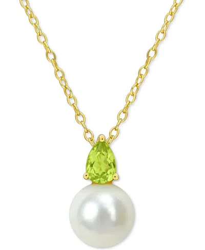 Macy's Cultured Freshwater Pearl (8-1/2mm) Birthstone 18" Pendant Necklace In 18k Gold-plated Sterling Silv In August,peridot