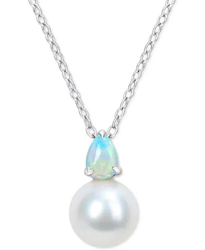 Macy's Cultured Freshwater Pearl (8-1/2mm) Birthstone 18" Pendant Necklace In 18k Gold-plated Sterling Silv In October,blue Opal